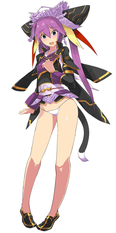 blue_eyes blush cat_tail chinese_clothes earrings flat_chest hair_ornament jewelry legs long_hair panties purple_hair sangokushi_taisen shoes shoohee solo tail touhaku twintails underwear