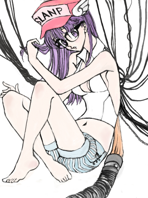 adjusting_hair android bare_shoulders barefoot baseball_cap breasts cable chii chobits cleavage clothes_writing crop_top dr._slump feet hair_tousle hat large_breasts legs long_hair marin_(ririkare) navel no_bra norimaki_arale parody purple_eyes purple_hair shirt shorts sideboob sitting sleeveless sleeveless_shirt solo striped traditional_media winged_hat
