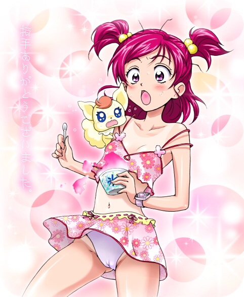 :o blue_eyes bowl cameltoe camisole coco_(yes!_precure_5) crop_top eyelashes flat_chest floral_print flower food hair_bobbles hair_ornament ice_cream iyou midriff miniskirt navel one-piece_tan open_mouth panties pantyshot pantyshot_(standing) petals pink_hair precure purple_eyes purple_panties short_hair short_twintails skirt sparkle spill spoon standing strap_slip surprised sweatdrop tan tanline translated twintails two_side_up underwear upskirt watch webclap wristwatch yes!_precure_5 yukkyun yumehara_nozomi