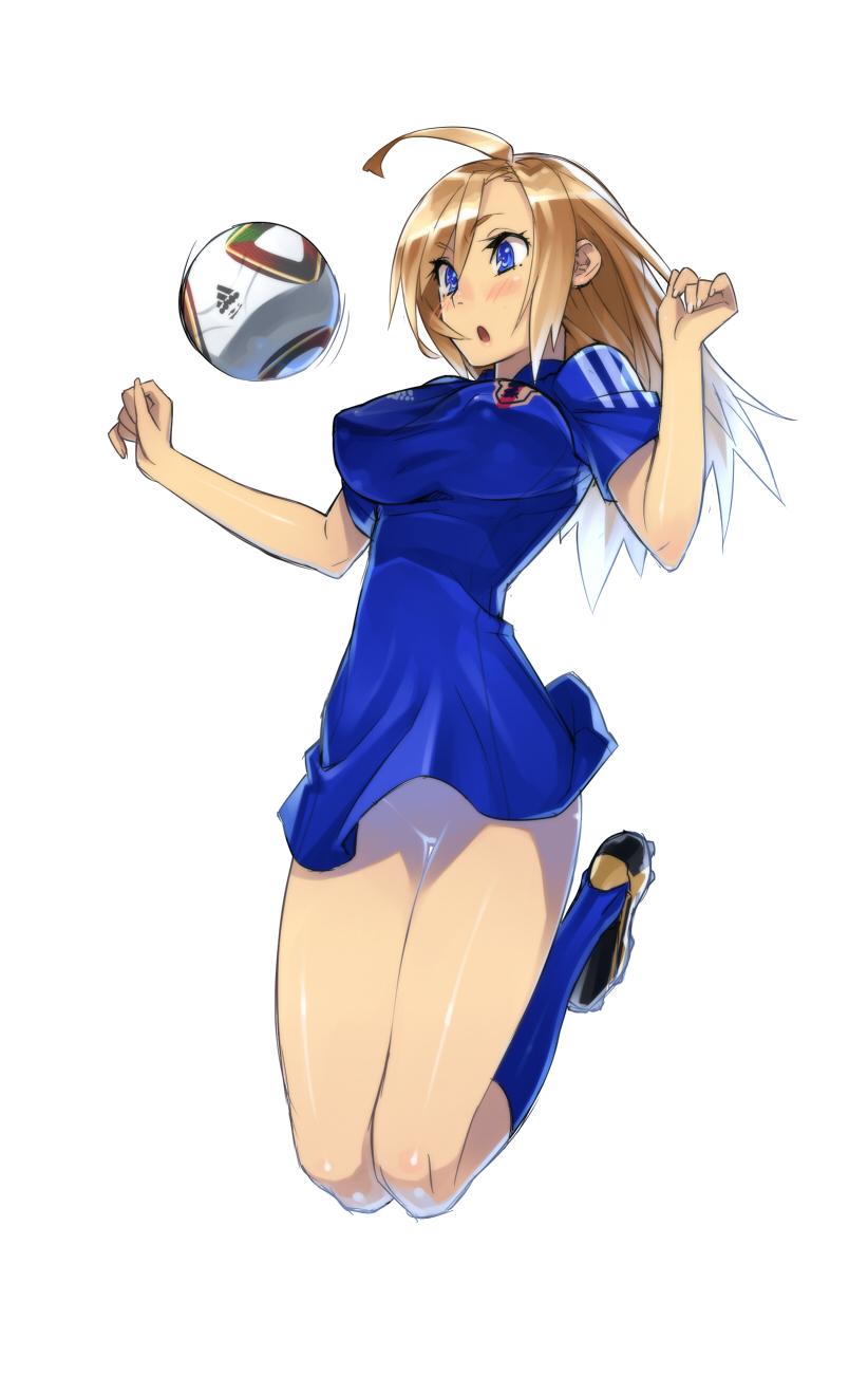 2010_fifa_world_cup 23_(real_xxiii) :o adidas ahoge ahoge_girl_(23) ball blonde_hair blue_eyes blush bottomless breasts covered_nipples highres jabulani jumping large_breasts long_hair no_pants open_mouth perky_breasts playing_sports pussy simple_background soccer soccer_ball soccer_uniform solo sport sportswear thighs world_cup