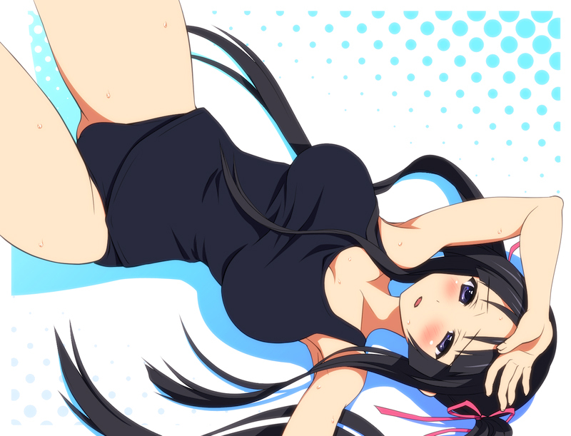 akiyama_mio armpits bad_id bad_pixiv_id black_hair blue_eyes blush breasts hand_on_own_head hanging_breasts k-on! kinosaki_yuki large_breasts long_hair lying on_back one-piece_swimsuit school_swimsuit shadow solo sweat swimsuit twintails