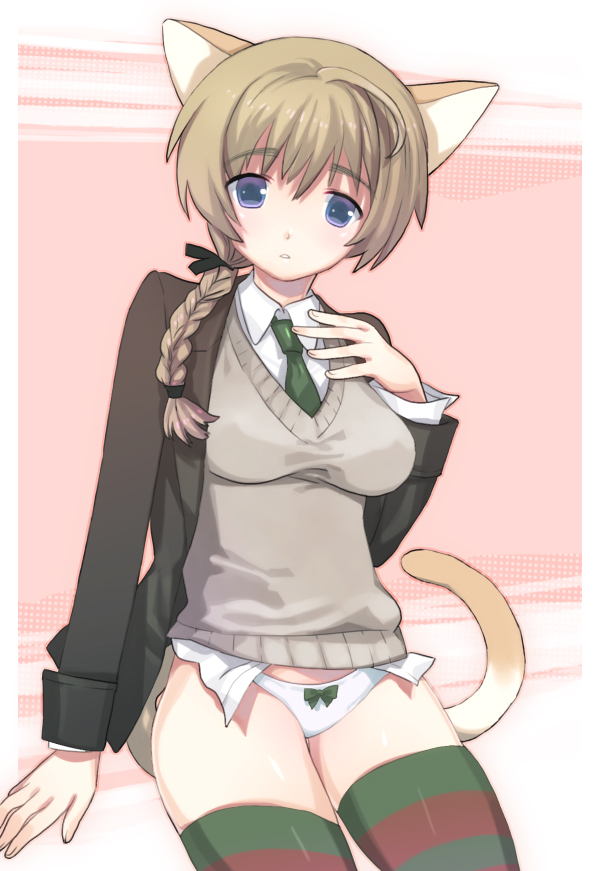 animal_ears blue_eyes bow bow_panties braid brown_hair cat_ears hair_over_shoulder long_hair lynette_bishop multicolored multicolored_clothes multicolored_legwear necktie panties single_braid solo strike_witches striped striped_legwear sweater_vest tail thighhighs underwear world_witches_series yurizuka_(sergeant_heart)