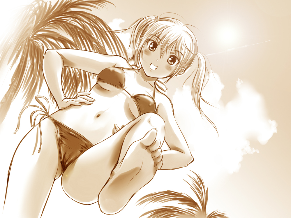 barefoot bikini blush breasts cameltoe covered_nipples feet foreshortening from_below grin hands_on_hips long_hair looking_down medium_breasts monochrome navel original pov_feet side-tie_bikini sky smile soles solo swimsuit tsuchinoto twintails underboob