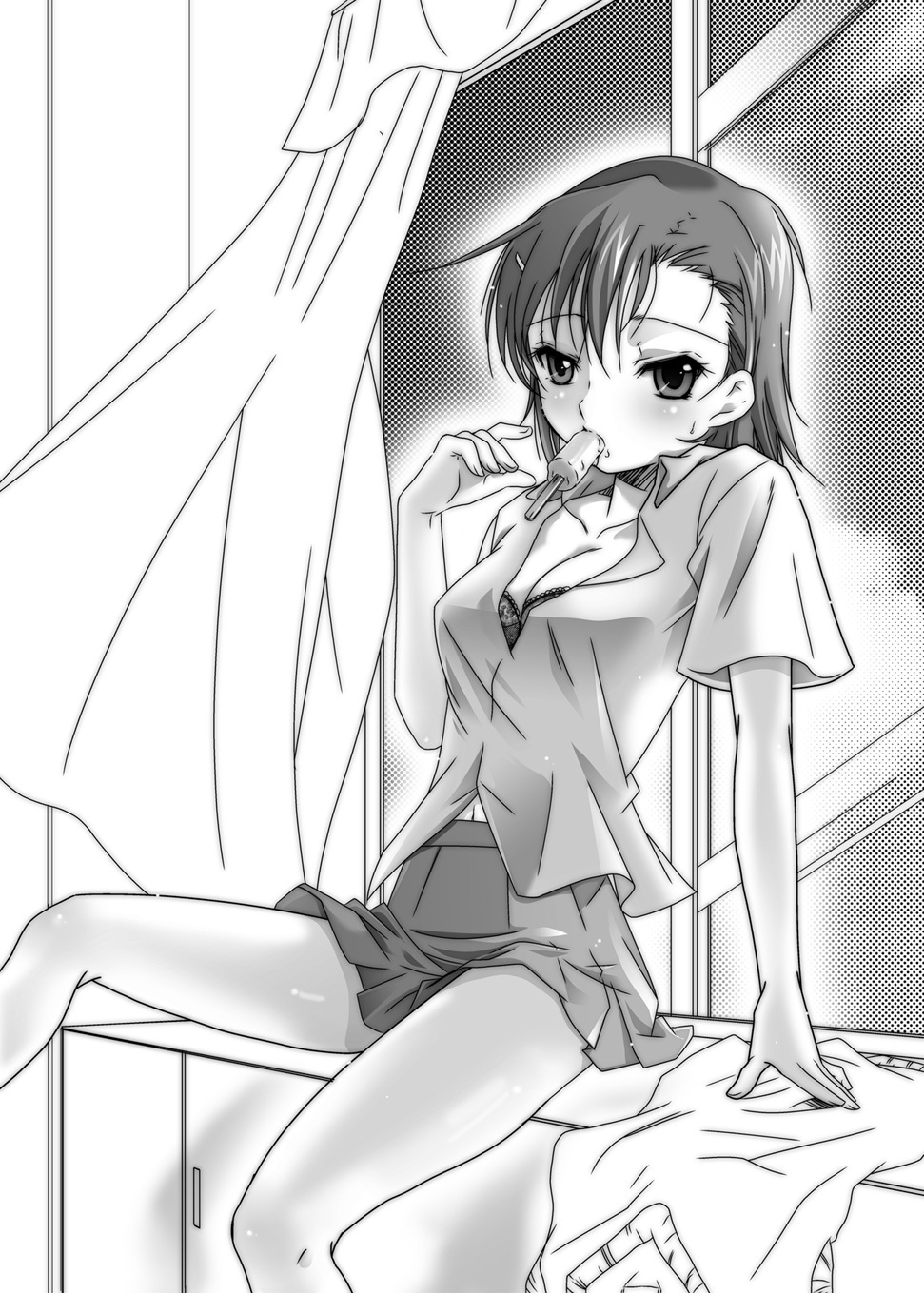 bra breasts cleavage food greyscale hair_ornament hairpin highres lingerie medium_breasts misaka_mikoto monochrome navel open_clothes open_shirt popsicle shirt skirt solo to_aru_majutsu_no_index underwear uniform