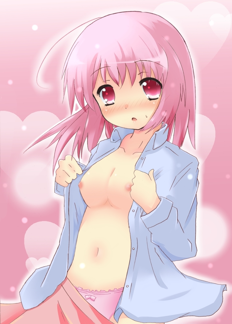 :o areolae blush bow bow_panties breasts medium_breasts navel nipples open_clothes open_shirt original panties pink_eyes pink_hair pink_panties shirt snow_(gi66gotyo) solo sweatdrop underwear