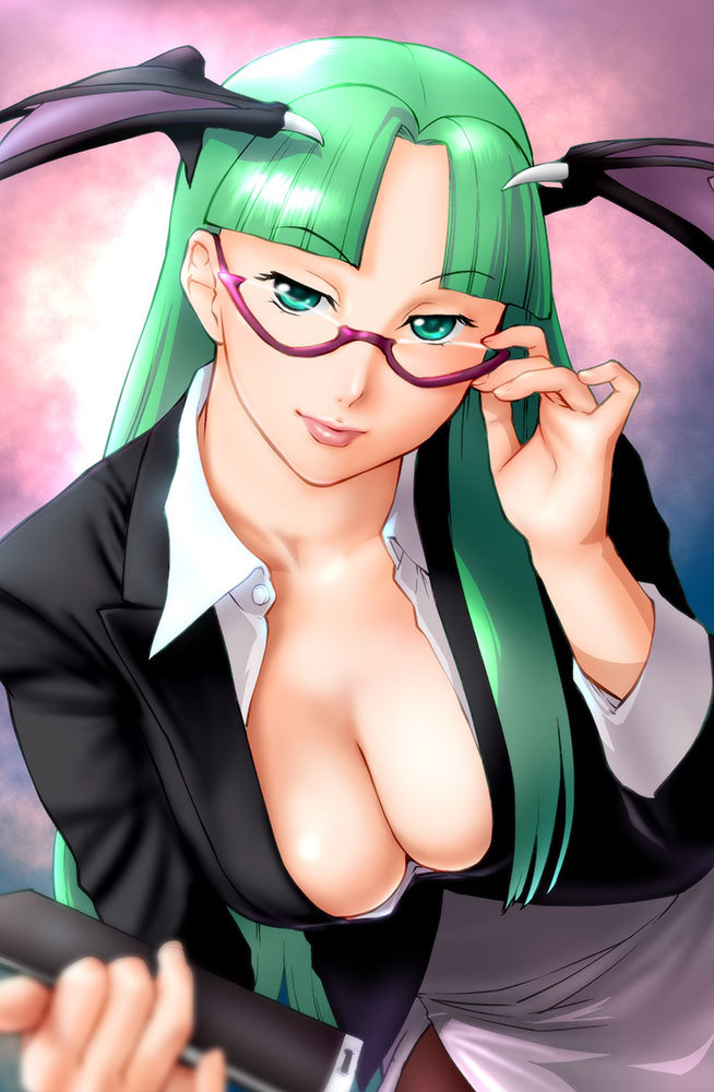 adjusting_eyewear bespectacled breasts cleavage demon_girl downblouse formal glasses green_hair head_wings large_breasts lips long_hair morrigan_aensland skirt_suit solo suit teacher ueyama_michirou vampire_(game)