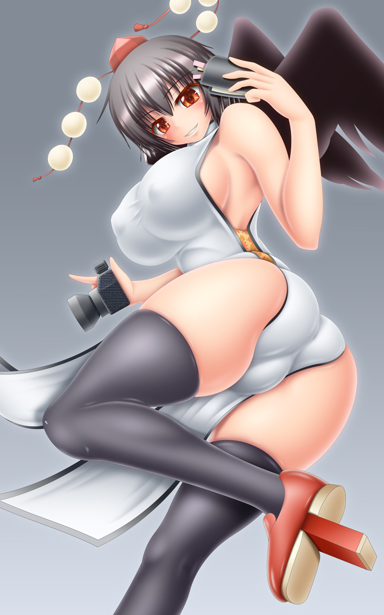 ass black_legwear black_wings blush breasts cameltoe camera china_dress chinese_clothes cleavage curvy dress fat_mons geta harumi_(harumix) hat highres huge_breasts looking_at_viewer notebook red_eyes shameimaru_aya short_hair sideboob smile solo tengu-geta thick_thighs thighhighs thighs tokin_hat touhou wide_hips wings