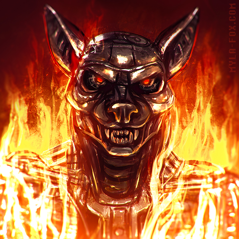 1:1 anthro bust_portrait canid fangs fire front_view glistening glistening_body glistening_nose glowing glowing_eyes grey_body grey_nose looking_at_viewer machine male mammal mylafox portrait robot simple_background solo text url