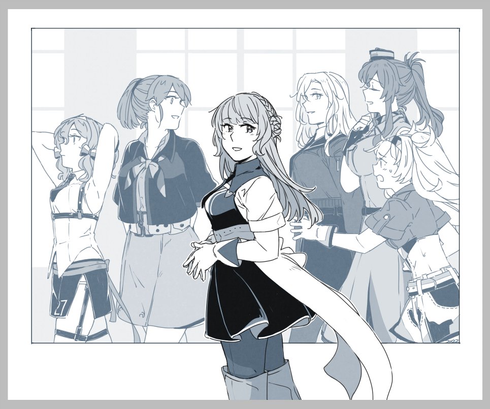 6+girls commentary_request cowboy_shot gambier_bay_(kancolle) gloves greyscale hornet_(kancolle) intrepid_(kancolle) kantai_collection langley_(kancolle) long_hair monochrome multiple_girls neckerchief pencil_skirt ponytail ranger_(kancolle) saratoga_(kancolle) short_hair shorts skirt smokestack_hair_ornament solo_focus twintails weidashming window