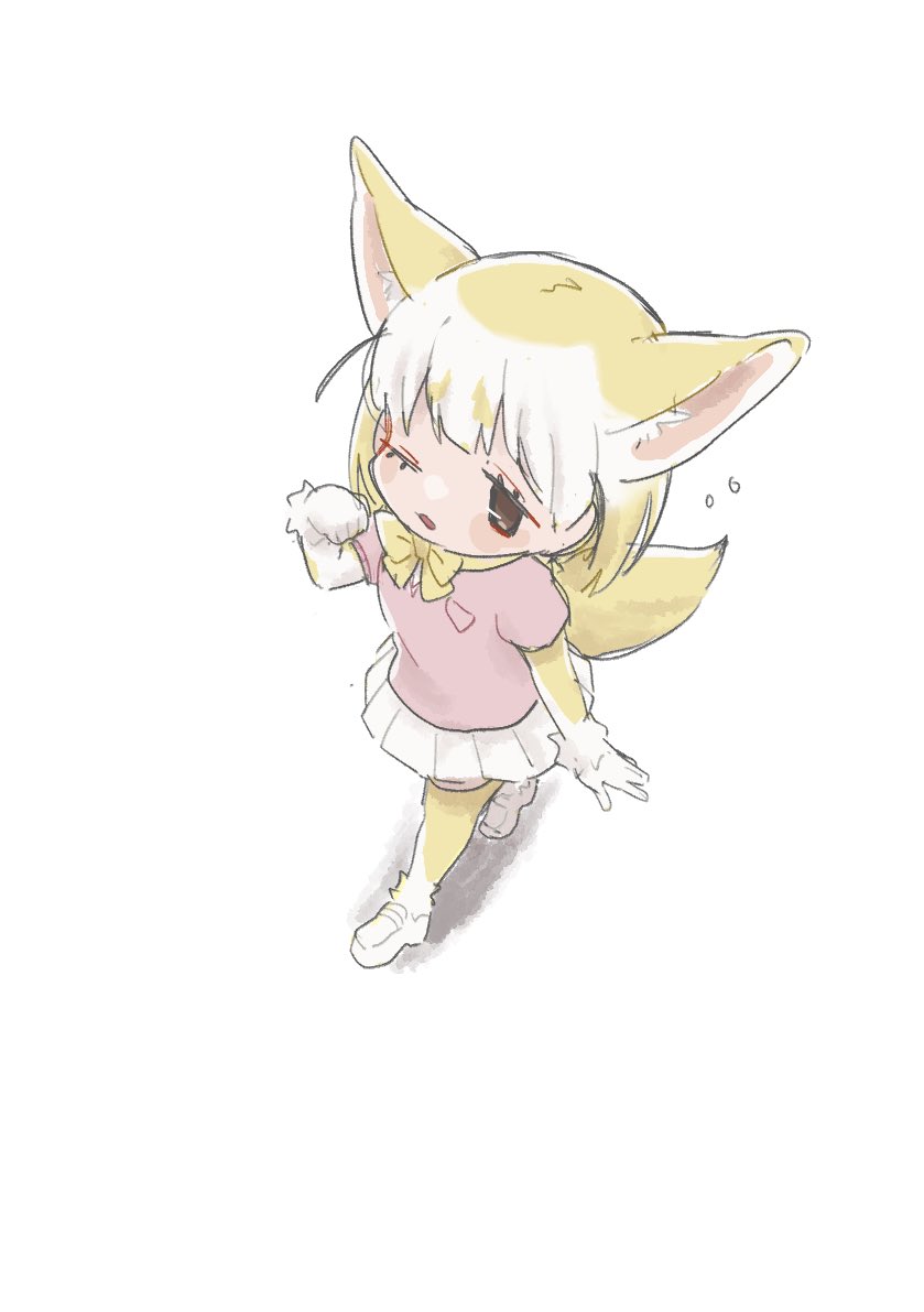 1girl 54_3nu animal_ears blonde_hair blush bow bowtie brown_eyes commentary elbow_gloves extra_ears fennec_(kemono_friends) fox_ears fox_girl fox_tail from_above fur_trim gloves kemono_friends loafers multicolored_hair one_eye_closed pink_sweater pleated_skirt puffy_short_sleeves puffy_sleeves shoes short_hair short_sleeves skirt solo sweater symbol-only_commentary tail thighhighs white_footwear white_hair white_skirt yellow_bow yellow_bowtie yellow_gloves yellow_thighhighs zettai_ryouiki