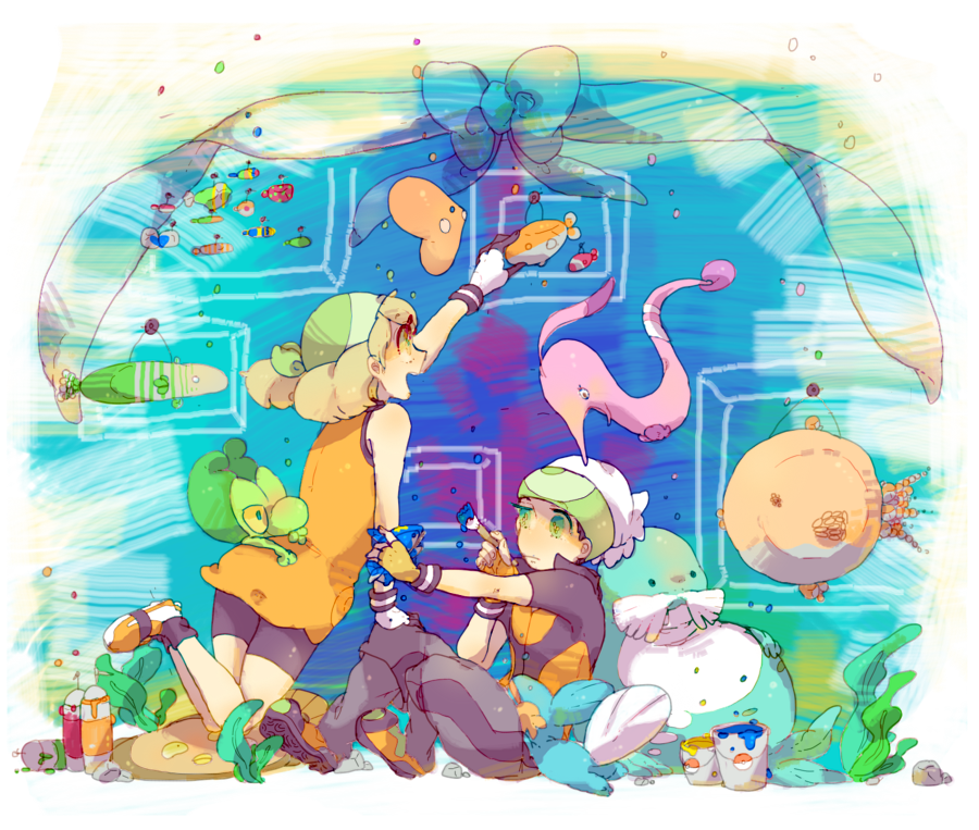 1boy 1girl arm_up bandana bare_shoulders bike_shorts black_gloves black_hair bow brendan_(pokemon) gloves gorebyss green_bandana green_eyes green_headwear hat holding holding_paintbrush katiko kneeling light_brown_hair luvdisc may_(pokemon) medium_hair mudkip multicolored_clothes multicolored_footwear multicolored_gloves no_nose orange_eyes paint paint_can paintbrush pokemon pokemon_(creature) pokemon_(game) pokemon_emerald pokemon_rse purple_shorts purple_socks rock sealeo seaweed sharpedo shoes shorts sitting sleeveless socks stunfisk treecko two-tone_gloves uneven_eyes white_gloves white_headwear