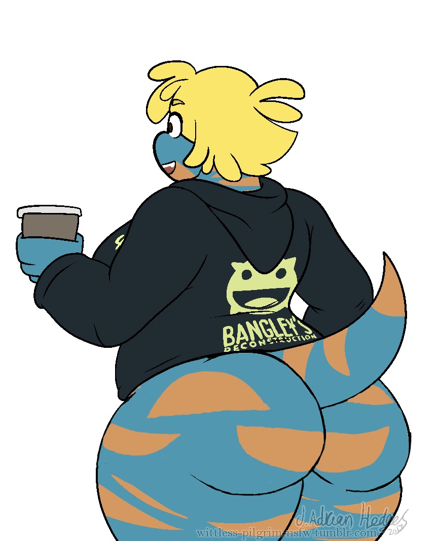 anthro beverage blonde_hair bottomless bree_(junk_planet) butt clothed clothing edit female hair lizard massive_thighs open_mouth overweight overweight_anthro overweight_female reptile scalie smile solo wittless-pilgrim