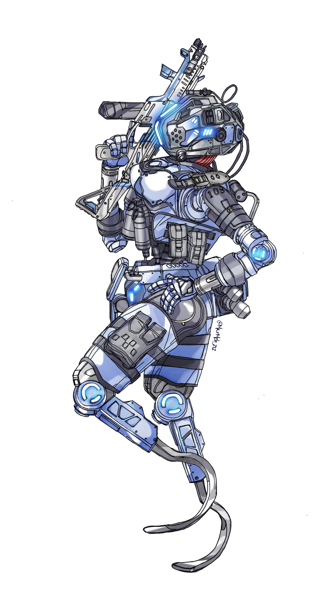 1girl breasts cable from_side glowing gun hand_on_hip highres holding holding_gun holding_weapon humanoid_robot kotone_a looking_ahead medium_breasts pilot_(titanfall_2) piston pouch profile r-97_smg science_fiction simulacrum_(titanfall) solo stim_pilot_(titanfall_2) submachine_gun titanfall_(series) titanfall_2 trigger_discipline weapon white_background