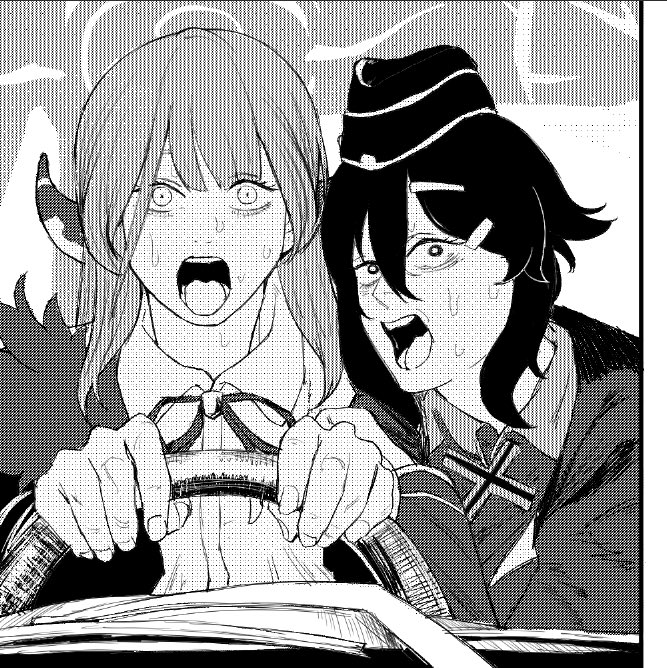 2girls aru_(blue_archive) bangs blue_archive chainsaw_man derivative_work driving garrison_cap greyscale hair_between_eyes hair_ornament hairclip haruka_(blue_archive) hat horns long_hair manga_panel_redraw monochrome multiple_girls nametake_(nekoyasya12172) parody screentones short_hair