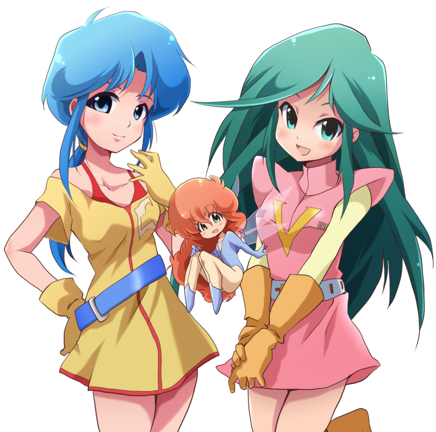 3girls bangs belt blue_eyes blue_hair blush cham_fau choudenji_robo_combattler_v collarbone commentary fairy gloves green_eyes green_hair kingetsu_mikoto long_hair multiple_girls nanbara_chizuru ninja_senshi_tobikage off_shoulder orange_gloves orange_hair reni_ai seisenshi_dunbine sidelocks size_difference super_robot_wars upper_body very_long_hair white_background yellow_gloves