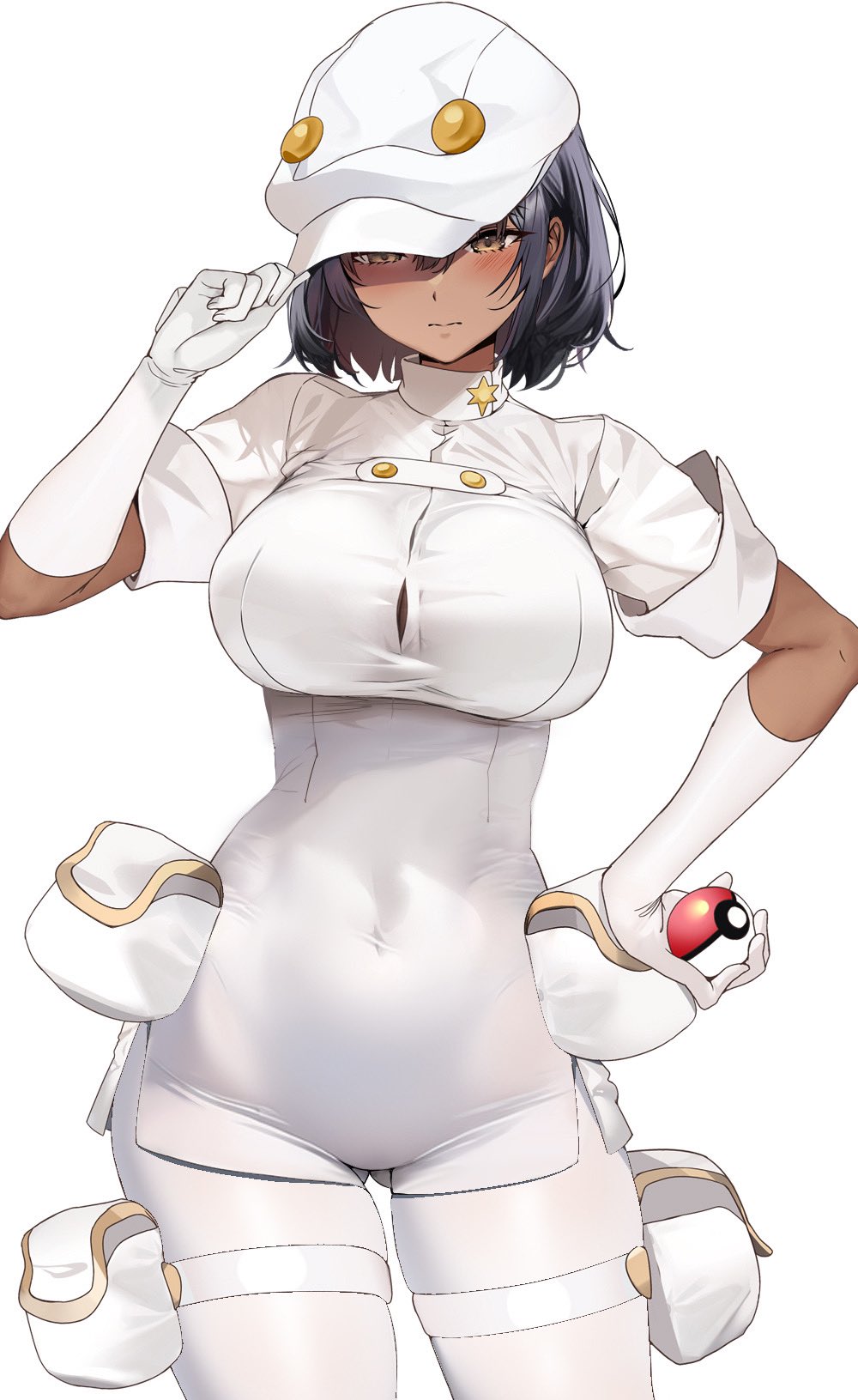 1girl aether_foundation_employee aether_foundation_uniform black_hair blush bodysuit breasts collar dark-skinned_female dark_skin elbow_gloves gloves hand_on_hip hat hat_tip highres holding holding_poke_ball jumpsuit large_breasts marushin_(denwa0214) poke_ball poke_ball_(basic) pokemon pokemon_(game) pokemon_sm purple_hair revision short_hair simple_background solo tan thick_thighs thigh_gap thighs white_background white_bodysuit white_gloves white_headwear white_jumpsuit white_uniform yellow_eyes