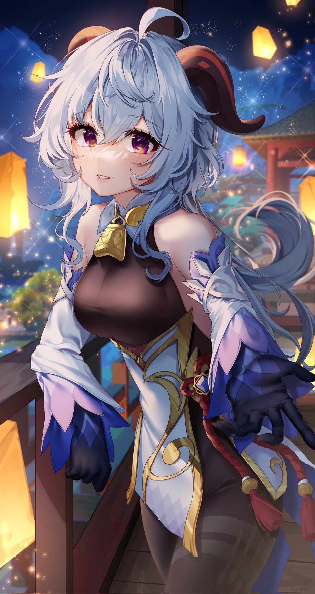 1girl ahoge architecture bangs bare_shoulders bell black_pantyhose blue_gloves blue_hair blush breasts chinese_knot cowboy_shot daji detached_sleeves east_asian_architecture flower_knot ganyu_(genshin_impact) genshin_impact gloves gold_trim highres horns lantern light_smile long_hair looking_at_viewer medium_breasts neck_bell night outdoors pantyhose paper_lantern purple_eyes sidelocks solo standing tassel thighlet vision_(genshin_impact) white_sleeves