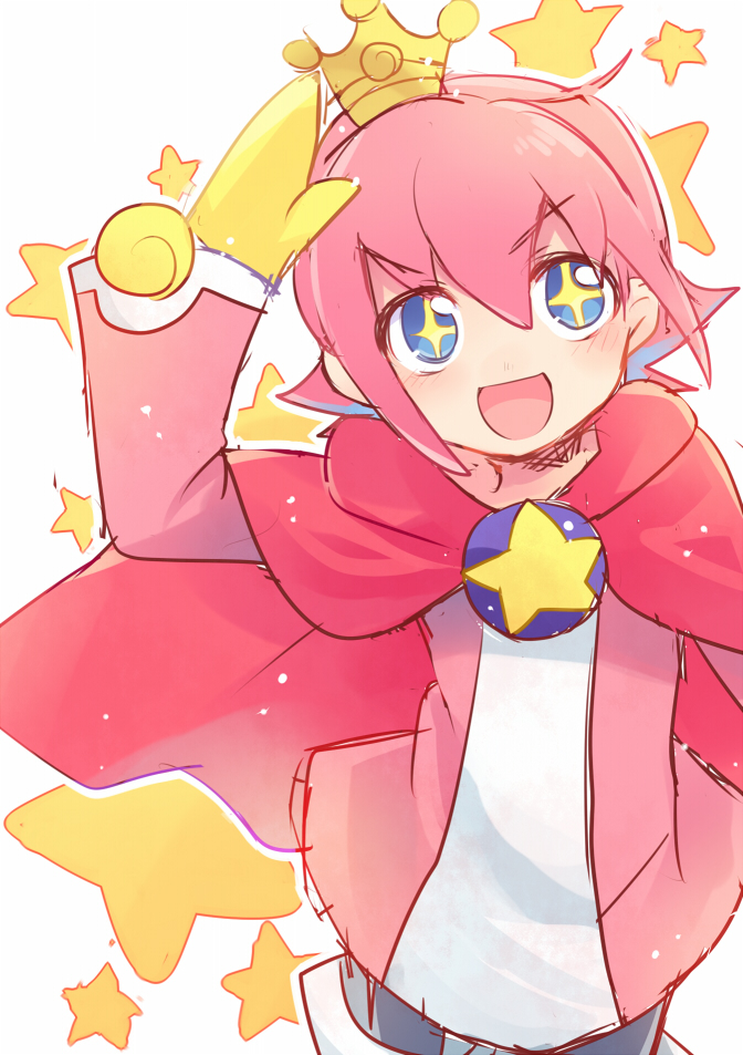 +_+ 1boy black_pants blue_eyes cape gloves hair_between_eyes hand_up long_sleeves looking_at_viewer open_mouth pants pink_cape pink_hair pink_shirt puyopuyo salde_canarl_shellbrick_iii shirt simple_background smile standing v-shaped_eyebrows white_background white_shirt xox_xxxxxx yellow_gloves yellow_star
