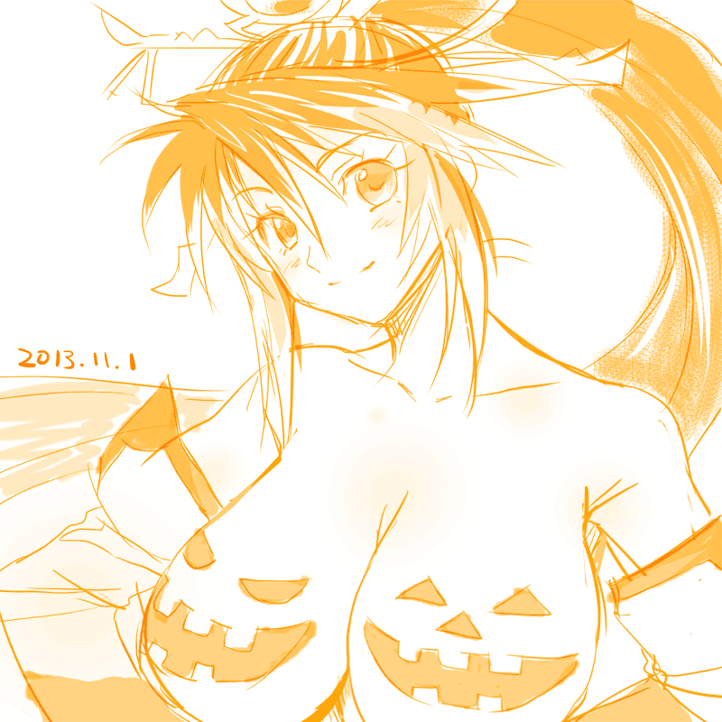 1girl 2013 breasts cleavage closed_mouth dated halloween haruyama_kazunori jack-o'-lantern large_breasts long_hair looking_at_viewer monochrome nanbu_kaguya ponytail project_x_zone simple_background smile solo super_robot_wars super_robot_wars_og_saga_mugen_no_frontier white_background