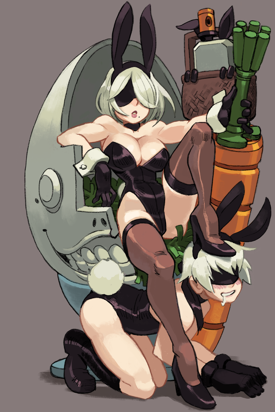 1boy 1girl alex_ahad all_fours animal_ears bare_shoulders basket black_blindfold black_footwear blindfold blush boots breasts cleavage crossdressing drooling easter emil_(nier) fake_animal_ears femdom gloves grey_background hetero high_heels highres large_breasts leotard male_playboy_bunny mole mole_under_mouth narrow_waist nier_(series) nier_automata parted_lips playboy_bunny pod_(nier_automata) rabbit_ears reclining saliva short_hair simple_background sitting stepped_on textless_version thighhighs white_hair yorha_no._2_type_b yorha_no._9_type_s