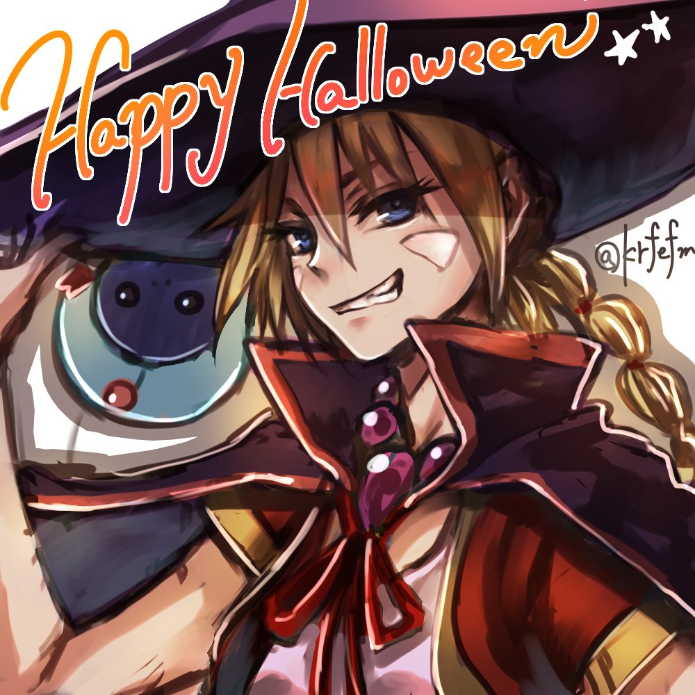 1girl alien bandages blonde_hair blue_eyes chrono_cross facial_mark halloween happy_halloween hat kid_(chrono_cross) long_hair looking_at_viewer mizuki1196 multi-tied_hair ponytail red_ribbon ribbon simple_background smile solo starky_(chrono_cross) vest white_background witch_hat