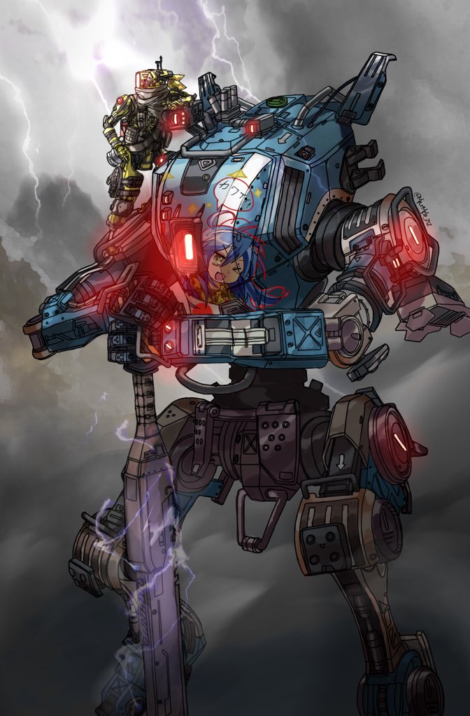 cloud cloudy_sky electricity glowing grey_scarf hand_on_hip holding holding_sword holding_weapon humanoid_robot itasha japanese_flag kotone_a lightning looking_ahead looking_to_the_side mecha on_mecha phase_shift_pilot_(titanfall_2) pilot_(titanfall_2) robot ronin_(titanfall_2) scarf science_fiction sky standing_on_shoulder sword titan_(titanfall) titanfall_(series) titanfall_2 weapon