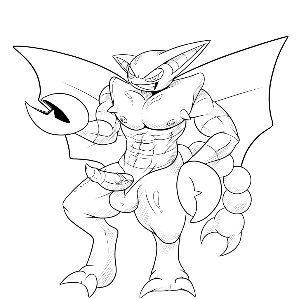 anthro erection generation_4_pokemon genitals gliscor male monochrome muscular muscular_anthro muscular_male nintendo nipples penis pokemon pokemon_(species) pokemorph smile smutty-smeargle solo video_games