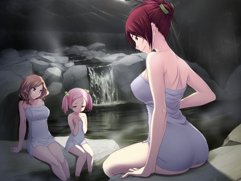 3girls amakasu_mayo ass bangs bare_arms bare_legs breasts brown_hair collarbone flat_chest game_cg hair_bobbles hair_ornament kawagishi_keitarou kojima_umeko large_breasts leaning_back long_hair maji_de_watashi_ni_koi_shinasai! multiple_girls naked_towel night ogasawara_chika onsen parted_bangs pink_hair profile red_hair short_hair sideboob sitting soaking_feet towel twintails water waterfall