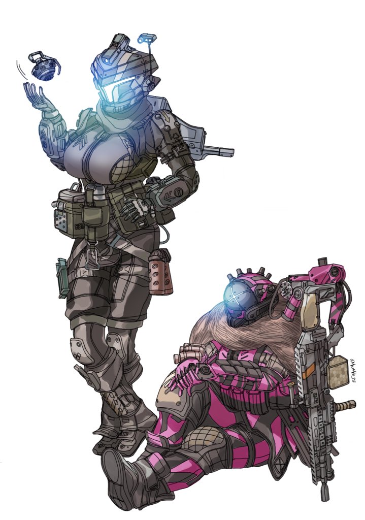 assault_visor breasts brown_bodysuit cloak_pilot_(titanfall_2) energy_gun explosive extra_arms full_body fur_scarf gloves glowing green_scarf grenade grey_gloves gun hand_on_hip hand_on_own_knee holding holding_gun holding_weapon holo_pilot_(titanfall_2) knee_pads kotone_a large_breasts lg-97_thunderbolt light_machine_gun magazine_(weapon) mechanical_arms open_hand pilot_(titanfall_2) pouch scarf science_fiction simple_background single_mechanical_arm sitting spitfire_mk2 titanfall_(series) titanfall_2 weapon weapon_on_back white_background