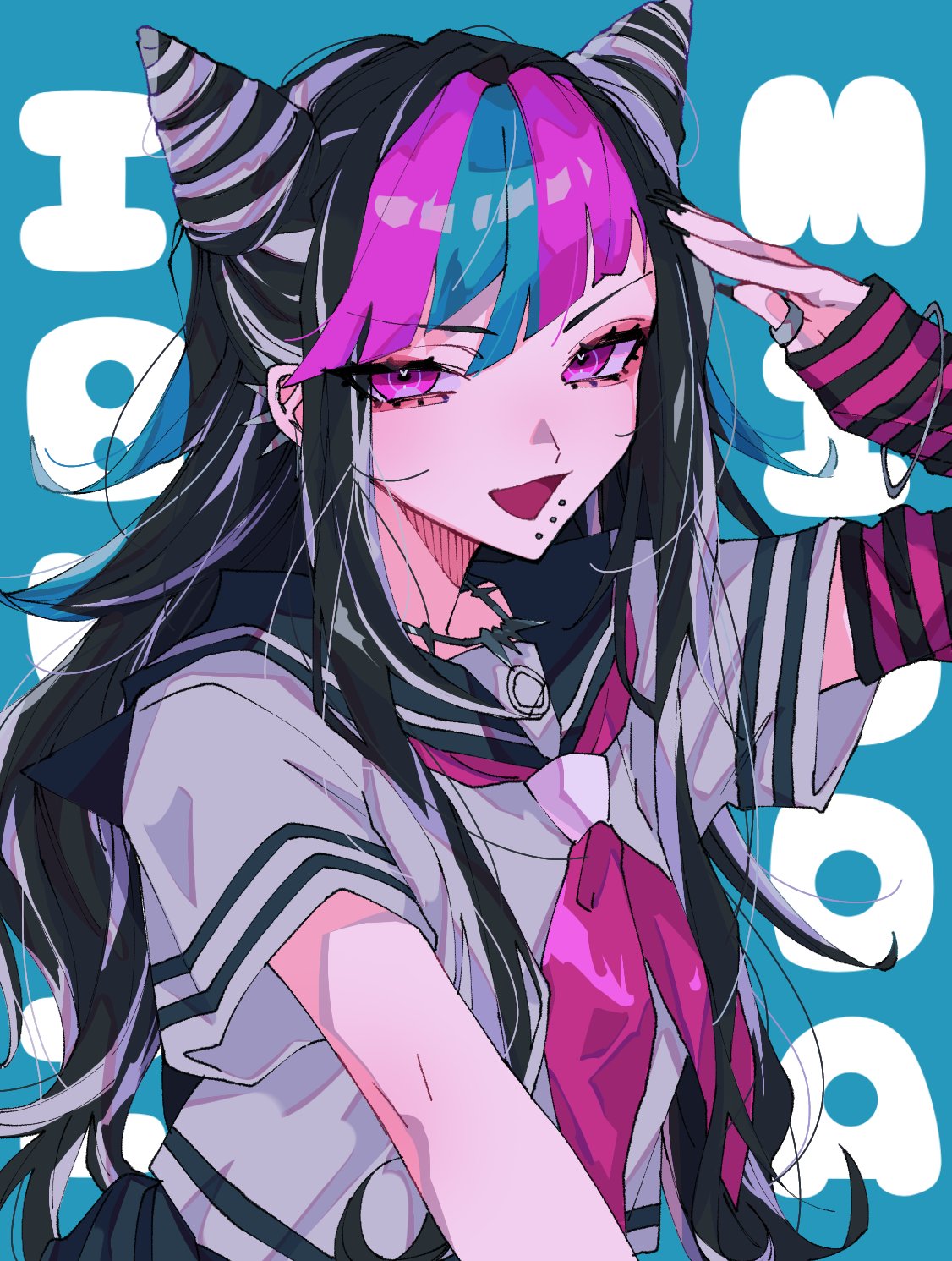 1girl :d bangs black_gloves black_hair black_sailor_collar blue_hair danganronpa_(series) danganronpa_2:_goodbye_despair ear_piercing gloves green_background grey_shirt hair_horns hand_up highres long_hair looking_at_viewer mioda_ibuki mouth_piercing multicolored_hair neckerchief open_mouth piercing pink_eyes pink_gloves pink_hair pink_neckerchief ru-pe_(gstm_0915) sailor_collar school_uniform serafuku shirt short_sleeves smile solo striped striped_gloves white_hair