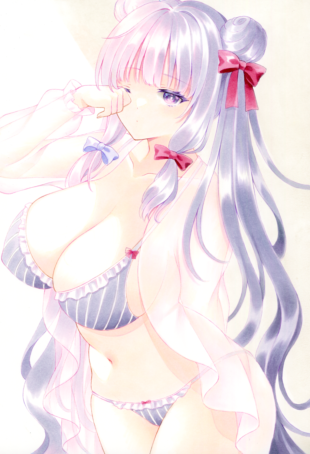 1girl bangs blue_bow bow bra breasts closed_mouth collarbone commentary_request cowboy_shot double_bun expressionless hair_bow hair_bun highres large_breasts long_sleeves looking_at_viewer marker_(medium) navel no_headwear one_eye_closed panties patchouli_knowledge purple_bra purple_eyes purple_hair purple_panties red_bow rubbing_eyes see-through see-through_shirt shirt simple_background sleepy solo stomach striped striped_bra striped_panties thighs touhou traditional_media underwear waking_up white_background y_na1211