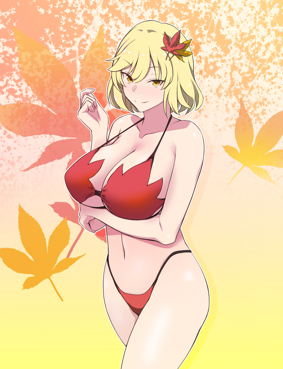 1girl aki_shizuha bikini blonde_hair commentary_request hair_ornament highleg highleg_bikini highleg_swimsuit highres leaf leaf_background leaf_hair_ornament leaf_on_head looking_at_viewer maple_leaf otoufu_(wddkq314band) red_bikini short_hair smile solo standing swimsuit touhou yellow_eyes