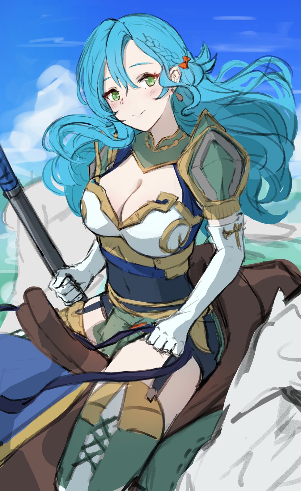 1girl aqua_hair armor bangs blush bow braid breastplate breasts chloe_(fire_emblem) cleavage fire_emblem fire_emblem_engage garter_straps green_eyes hair_bow highres ippers large_breasts long_hair looking_at_viewer pegasus pegasus_knight_uniform_(fire_emblem) shoulder_armor side_braid single_braid sketch smile solo swept_bangs thighhighs thighs