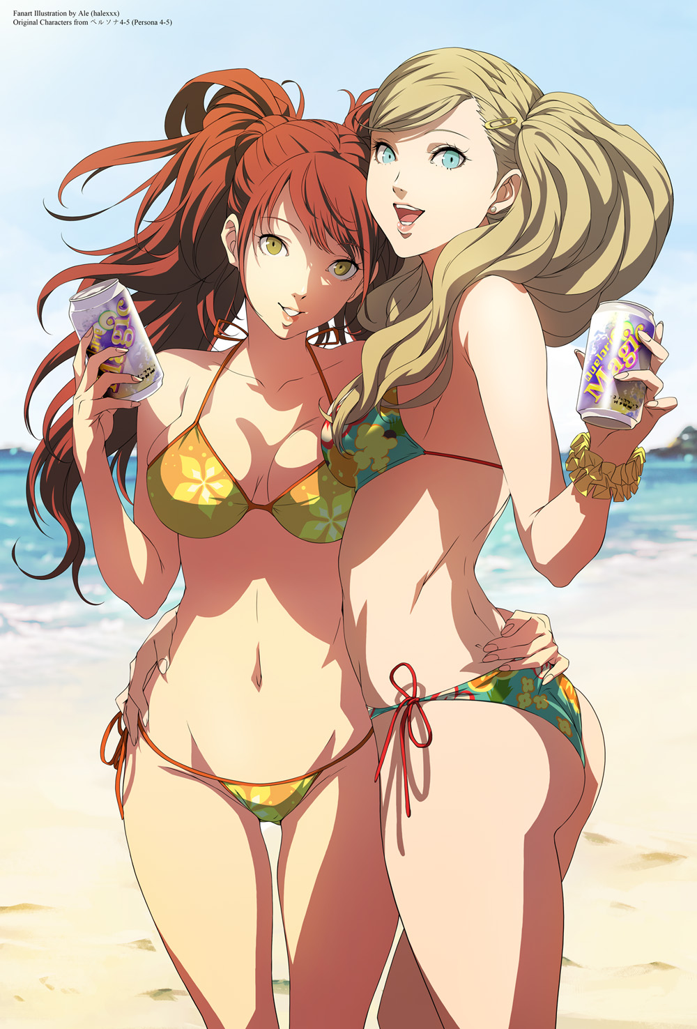 2girls ad ale_(ale_halexxx) ass bare_shoulders beach bikini blonde_hair blue_eyes breasts can cleavage commission earrings hair_ornament hand_on_another's_back highres jewelry kujikawa_rise matching_outfit multiple_girls navel persona persona_4 persona_5 red_hair skindentation smile soda_can stomach string_bikini swimsuit takamaki_anne twintails yellow_eyes