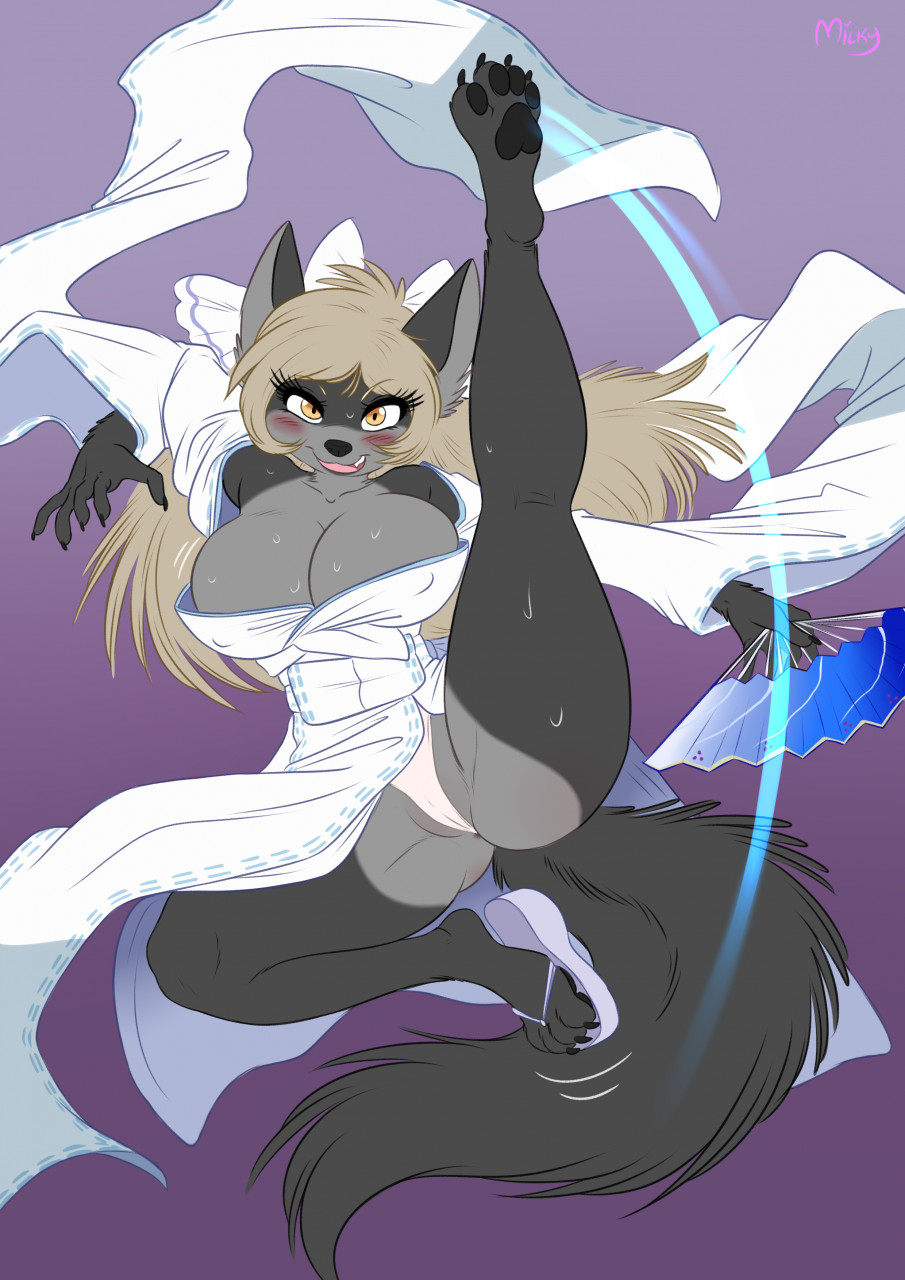 2022 4_toes action_pose amber_eyes anthro big_breasts black_nose blonde_hair blush bodily_fluids breasts camel-toe canid canine canis cosplay feet female hair hi_res holding_fan kisa_justine lemur2003_(artist) looking_at_viewer mammal nipple_outline pawpads pose senran_kagura simple_background smile solo spread_legs spreading sweat toes wolf yumi_(senran_kagura)