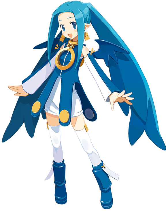 1girl blue_eyes blue_footwear blue_hair boots disgaea_rpg full_body jewelry long_hair nippon_ichi open_mouth phantom_kingdom pointy_ears smile solo thighhighs thighhighs_under_boots trenia_(phantom_kingdom) white_background wings