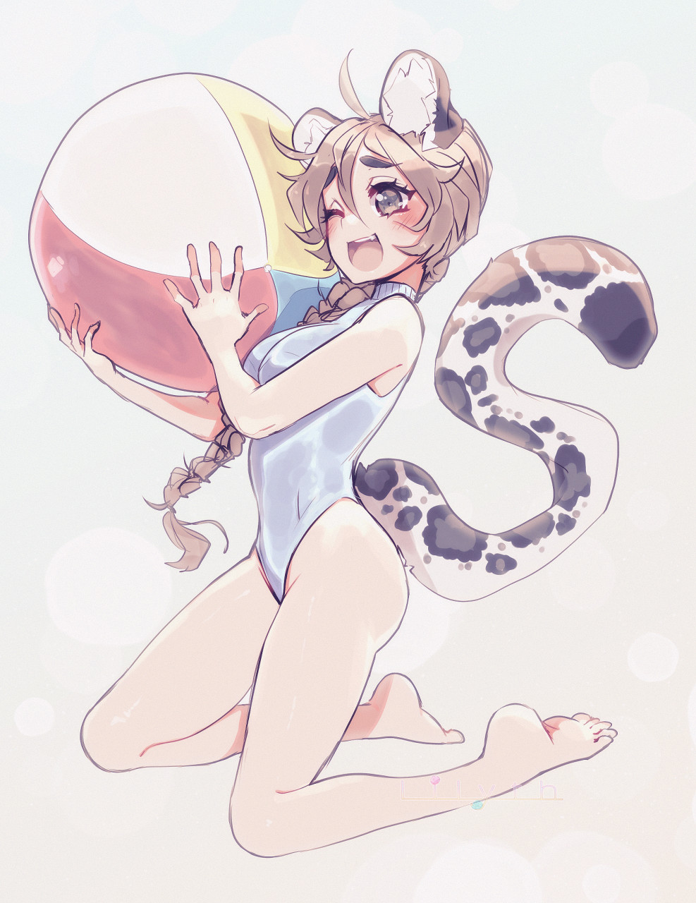 ball beach_ball big_ears blush braided_hair braided_ponytail brown_hair clothing felid female hair hi_res humanoid inflatable inner_ear_fluff leopard long_hair mammal markings one-piece_swimsuit one_eye_closed open_mouth pantherine simple_background smile solo spots spotted_markings spotted_tail swimwear tail_markings teil tuft