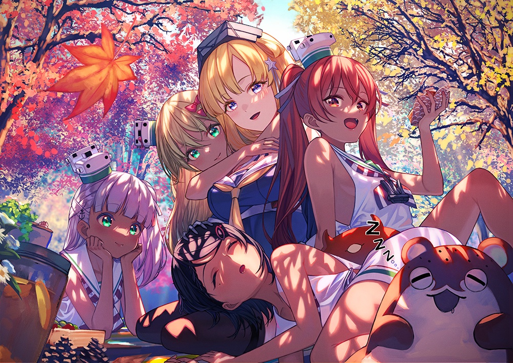 1other 5girls anchor_hair_ornament anchor_ornament autumn_leaves black_hair blonde_hair blue_shirt bokukawauso bow breasts brown_eyes brown_hair closed_eyes day double_bun dress fletcher_(kancolle) flower food grecale_(kancolle) green_eyes hair_bun hair_ornament hair_ribbon ice_cream kantai_collection large_breasts leaf libeccio_(kancolle) long_hair low-cut_armhole lying maestrale_(kancolle) mascot mole mole_under_eye multiple_girls neckerchief one_side_up otter outdoors petals picnic picnic_basket pink_bow ribbon sailor_collar sailor_dress scirocco_(kancolle) shirt short_hair side-tie_dress sitting skirt sleeping sleeveless sleeveless_dress star_(symbol) star_hair_ornament striped_neckerchief tan tree twintails unowen wavy_hair white_dress white_hair white_ribbon white_sailor_collar white_skirt yellow_neckerchief zzz