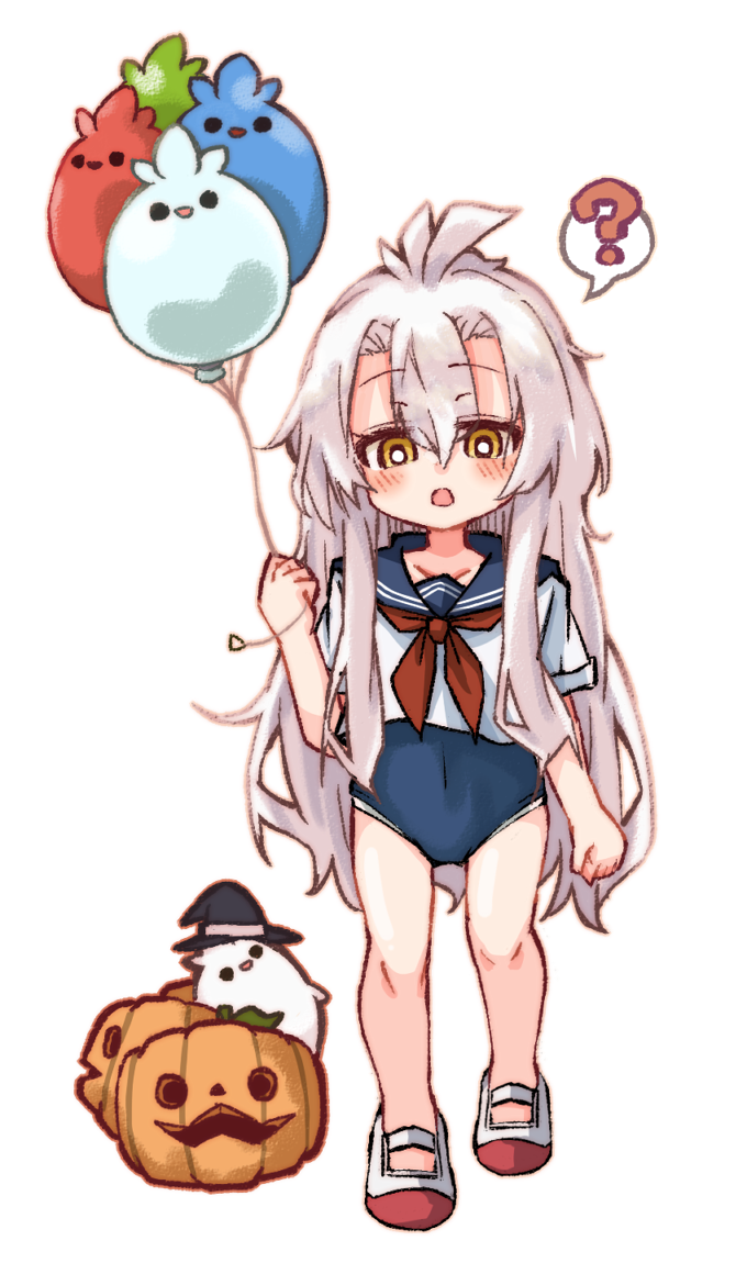 1girl ? balloon bangs black_headwear blue_one-piece_swimsuit blue_sailor_collar blush brown_eyes covered_navel full_body ghost grey_hair hair_between_eyes hat holding holding_balloon jack-o'-lantern long_hair looking_at_viewer neckerchief one-piece_swimsuit open_mouth original red_neckerchief sailor_collar school_uniform serafuku shirt shoes short_sleeves simple_background solo spoken_question_mark standing swimsuit swimsuit_under_clothes uwabaki very_long_hair wacho_(nanto_wachou_ken) white_background white_footwear white_shirt witch_hat