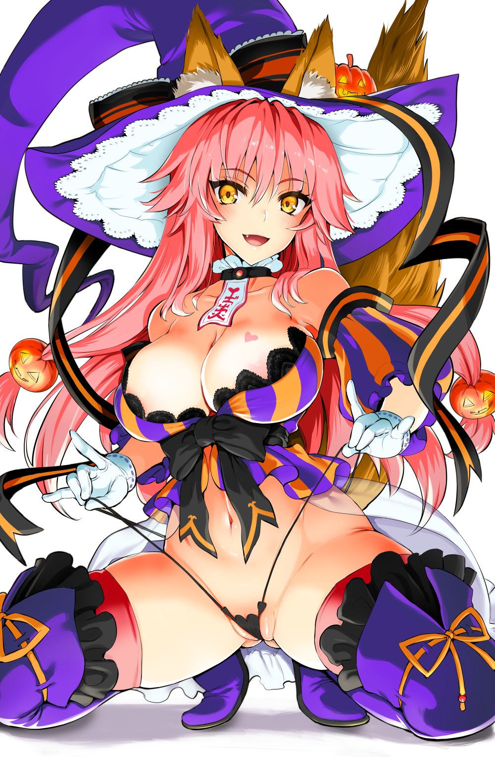 1girl animal_ear_fluff animal_ears ass_visible_through_thighs bangs bare_shoulders black_panties breasts collarbone fang fate/extra fate_(series) fox_ears fox_girl fox_tail gloves hair_between_eyes halloween_costume hat heart_on_chest highres kojima_saya large_breasts long_hair looking_at_viewer navel open_mouth panties panty_pull partially_visible_vulva pink_hair sidelocks smile solo squatting tail tamamo_(fate) tamamo_no_mae_(fate/extra) thighs tiptoes underwear white_gloves witch_hat yellow_eyes