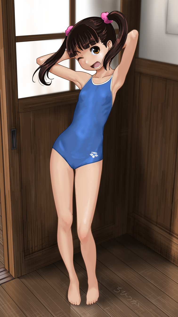 1girl arena_(company) armpits arms_behind_head arms_up artist_name barefoot blue_one-piece_swimsuit brown_eyes brown_hair commentary_request competition_school_swimsuit covered_navel door flat_chest full_body highres indoors logo long_hair one-piece_swimsuit one_eye_closed open_mouth original ribs rohitsuka school_swimsuit solo swimsuit teeth