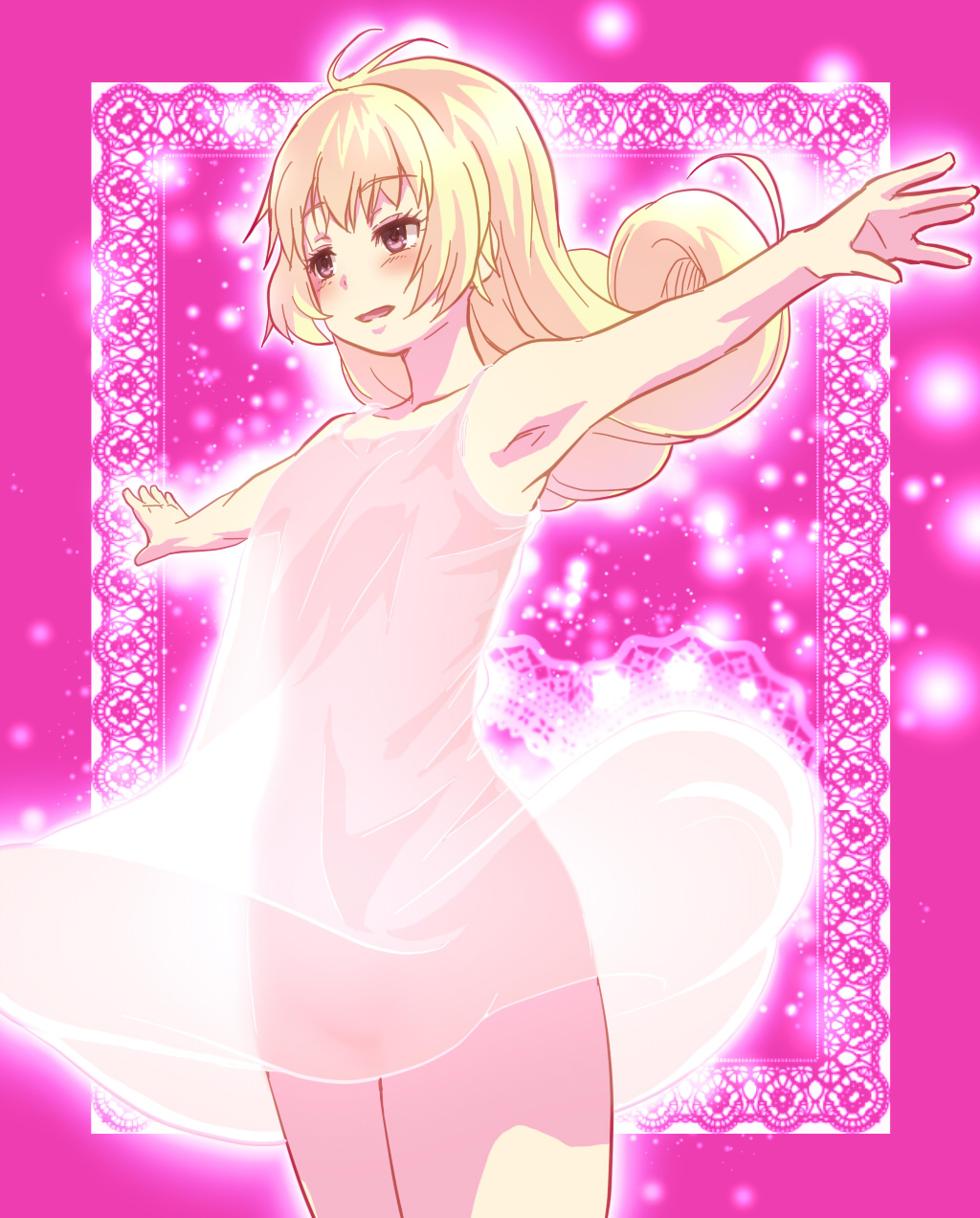 1girl aeolian_achtelnote armpits awa blonde_hair breasts dress highres long_hair open_mouth smile solo yumekui_merry