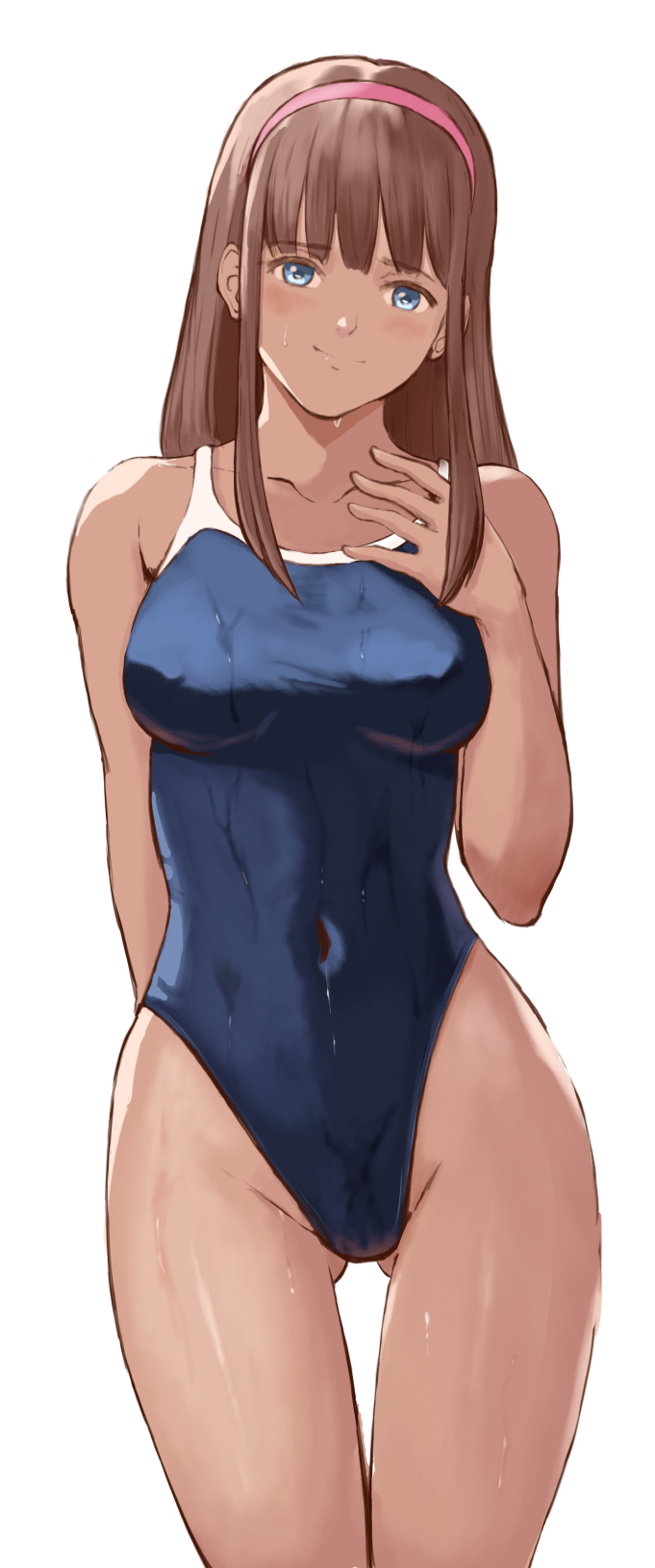 1girl blue_one-piece_swimsuit breasts brown_eyes brown_hair competition_school_swimsuit covered_navel cowboy_shot dead_or_alive hand_on_own_chest highleg highleg_swimsuit highres hitomi_(doa) long_hair medium_breasts popo_agaga school_swimsuit simple_background solo swimsuit white_background