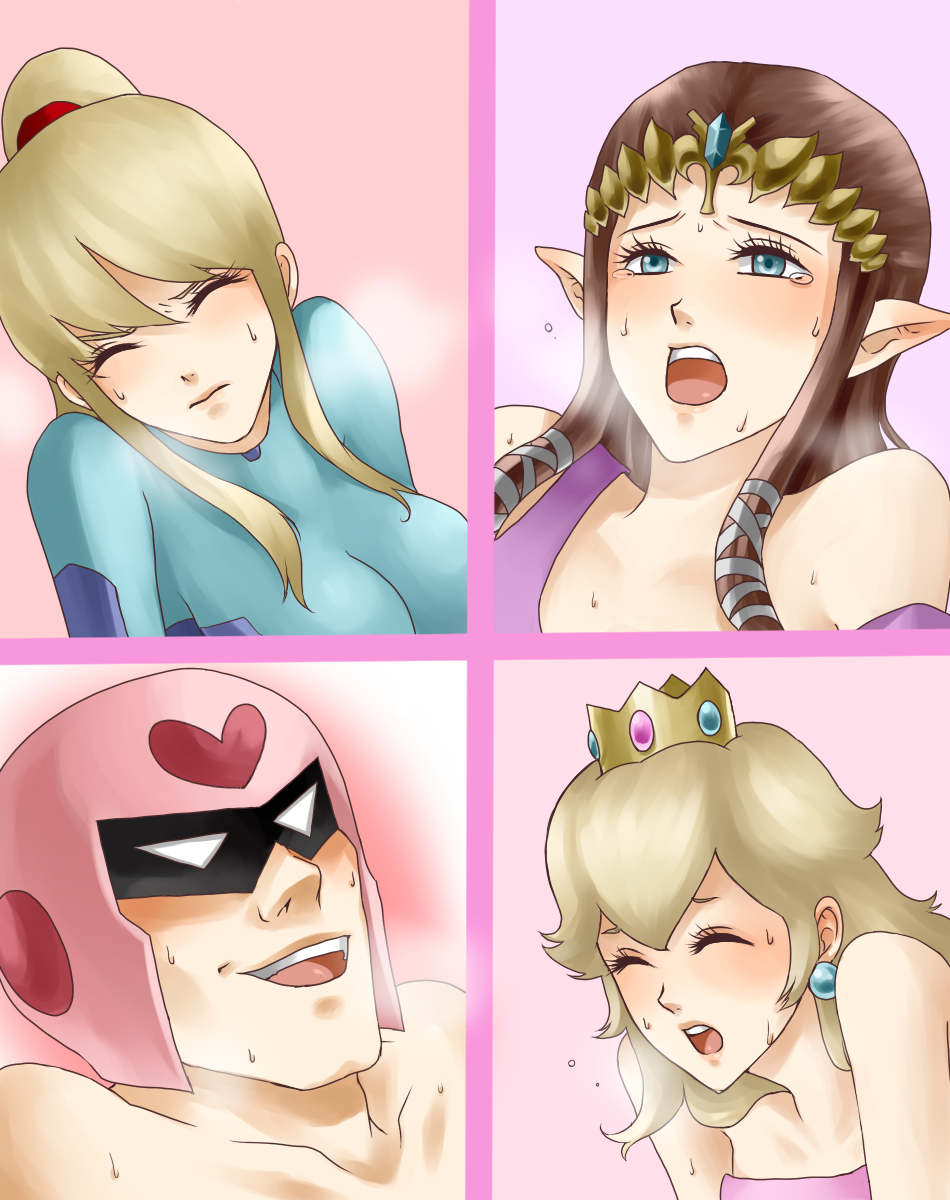 3girls blonde_hair blue_eyes brown_hair captain_falcon close-up crown earrings f-zero face heavy_breathing helmet highres jewelry long_hair manly mario_(series) metroid multiple_girls odd_one_out open_mouth pointy_ears ponytail princess_peach princess_zelda samus_aran sexually_suggestive smile super_mario_bros. super_smash_bros. tears the_legend_of_zelda the_legend_of_zelda:_twilight_princess wasabi_(legemd) zero_suit