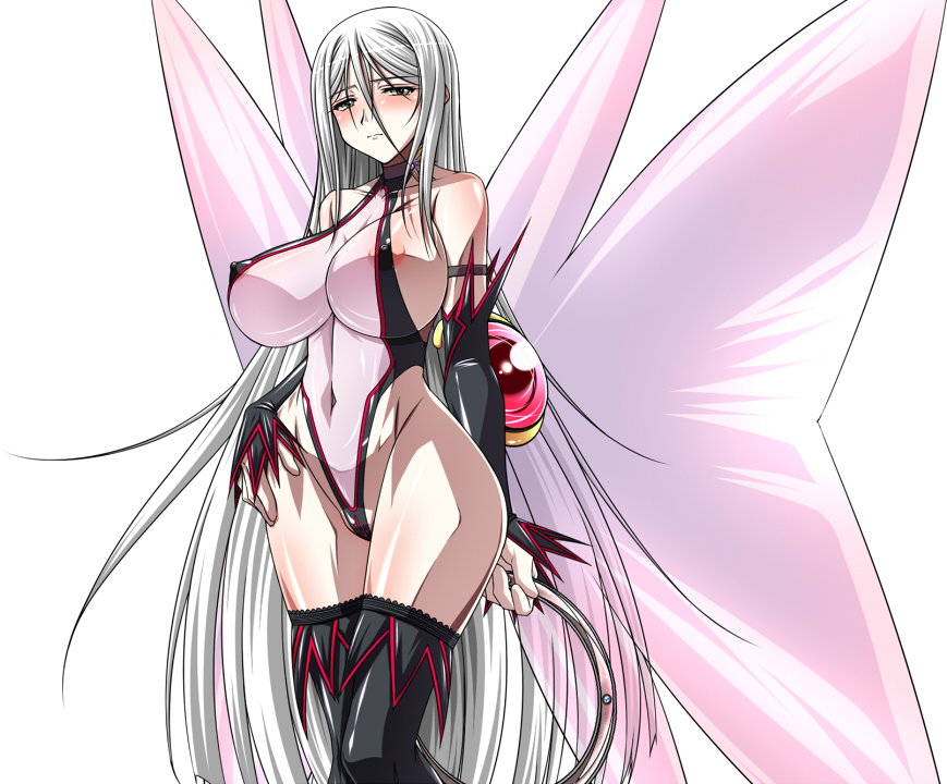 areola_slip areolae blush bodysuit breasts butterfly_wings covered_nipples curvy elbow_gloves frown gloves grey_eyes groin hajime_shindo hand_on_thigh highleg highleg_leotard huge_breasts kudou_ayame leotard long_hair looking_at_viewer magical_arms_angel_nana navel revealing_clothes see-through silver_hair solo thighhighs very_long_hair wide_hips wings