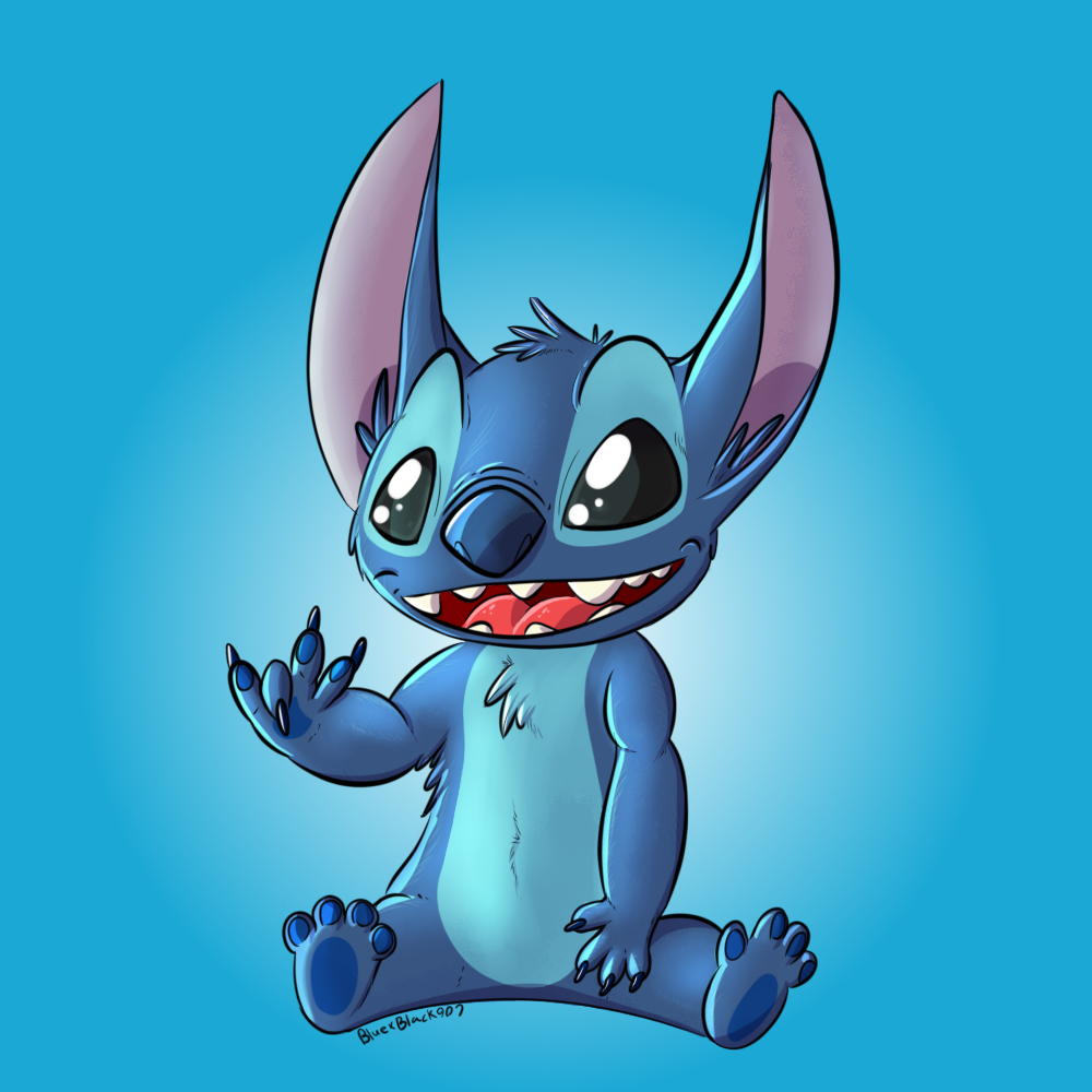 2016 4_fingers 4_toes alien black_eyes blue_background blue_claws blue_fur blue_nose blue_pawpads bluexblack907 chest_tuft claws digital_media_(artwork) disney experiment_(species) fur head_tuft inner_ear_fluff lilo_and_stitch open_mouth open_smile pawpads sign_language simple_background sitting smile solo stitch toes tuft