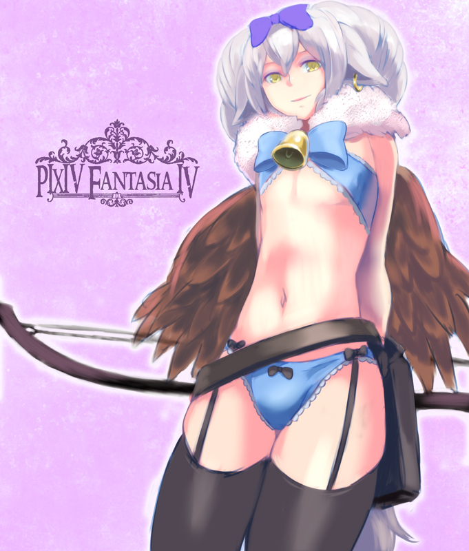 animal_ears bell bow bow_(weapon) earrings flat_chest garter_straps hair_bow iwaya jewelry panties pixiv_fantasia pixiv_fantasia_4 silver_hair solo thighhighs underwear weapon wings yellow_eyes