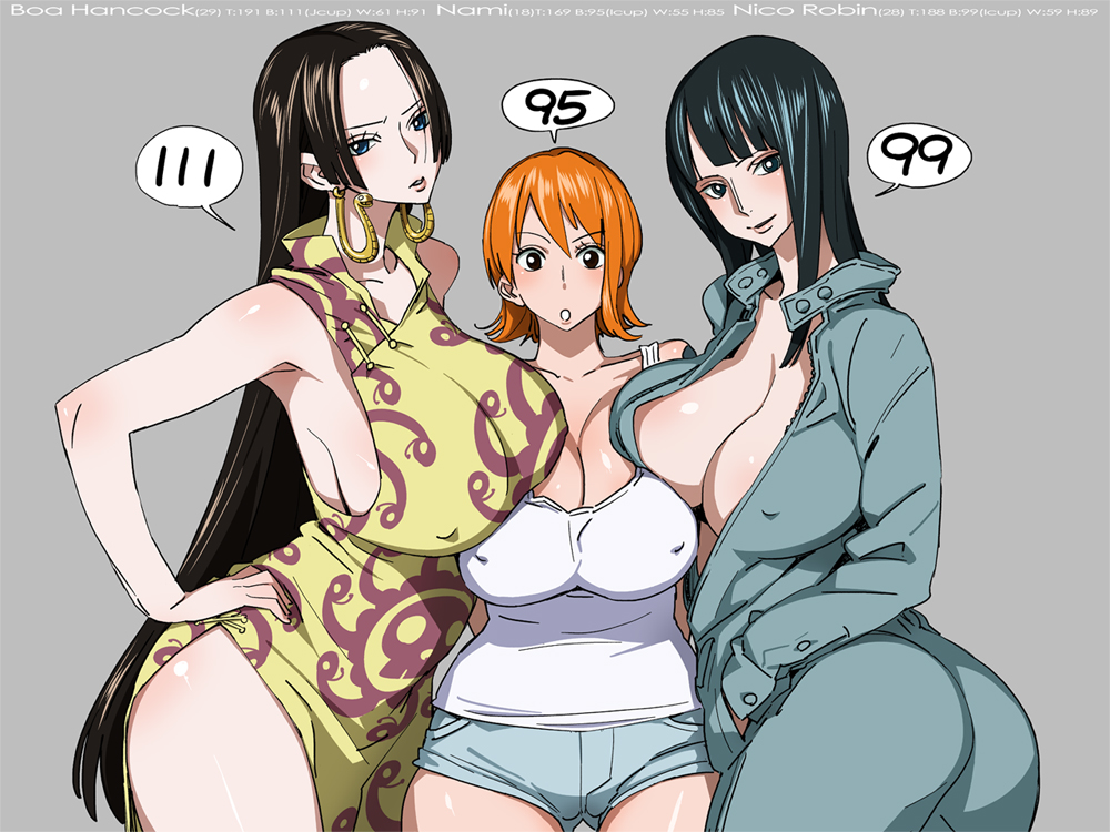 ass black_hair blue_eyes boa_hancock bobobo breasts cleavage curvy denim denim_shorts earrings hand_on_hip huge_breasts jacket jewelry long_hair measurements multiple_girls nami_(one_piece) nico_robin one_piece open_clothes open_jacket orange_hair short_hair shorts simple_background smile tank_top twisted_torso unitard wide_hips