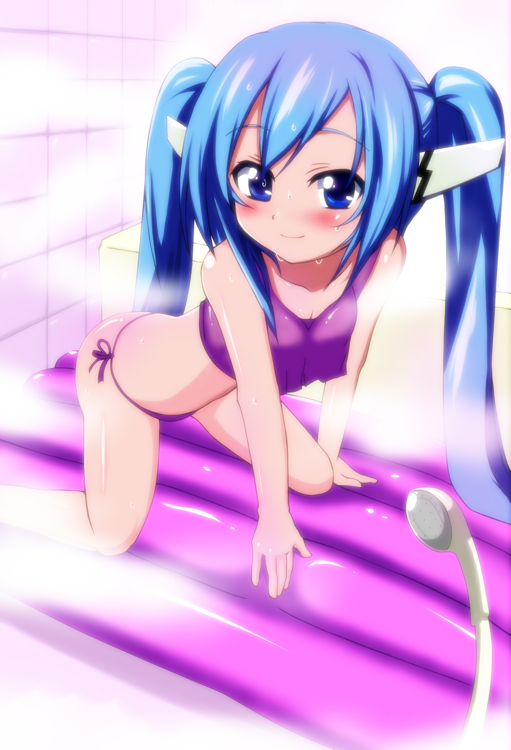 all_fours atahuta bare_shoulders bathroom blue_eyes blue_hair blush breasts cleavage highres nymph_(sora_no_otoshimono) panties robot_ears shirt side-tie_panties small_breasts smile solo sora_no_otoshimono steam twintails underwear water