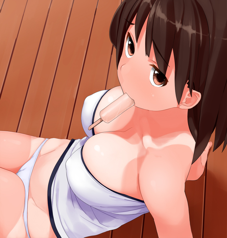 arm_support bare_shoulders breasts brown_eyes brown_hair cameltoe cleavage covered_nipples food from_above kaisen_chuui large_breasts leaning_back looking_at_viewer lowleg lowleg_panties mouth_hold one-piece_tan original panties popsicle sitting solo strapless tan tanline tubetop underwear wooden_floor
